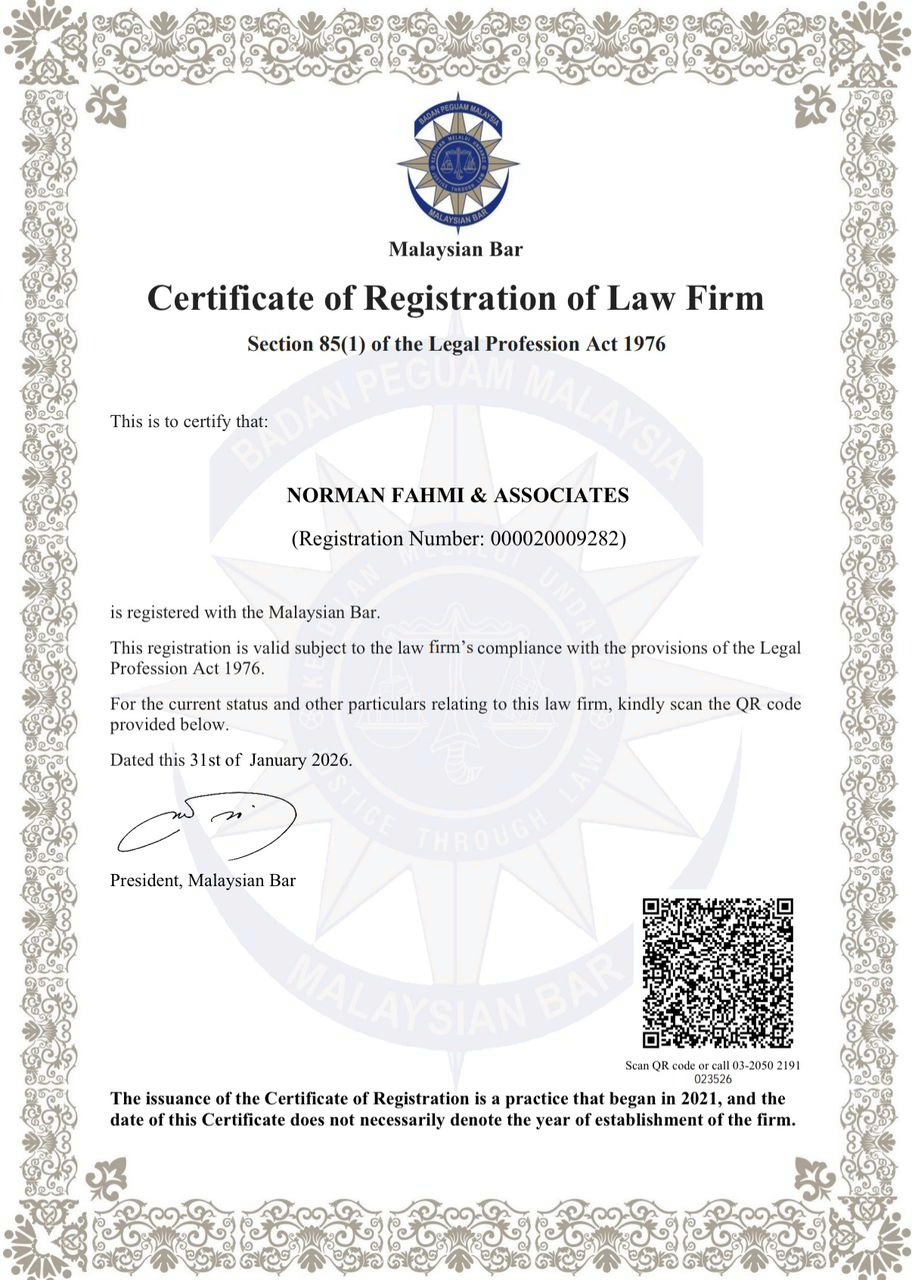 Malaysian Bar Certificate of Registration of Law Firm — Norman Fahmi & Associates, Registration Number 000020009282